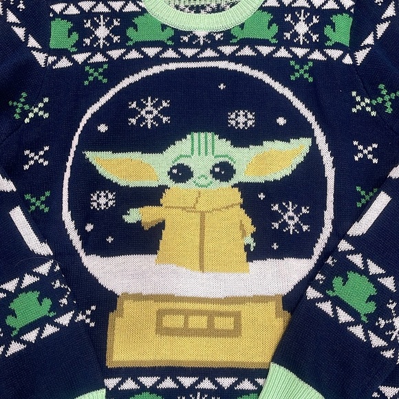Geeknet Baby Yoda Manalorian Grogu Navy/Green Ugly Christmas Sweater - Picture 2 of 7